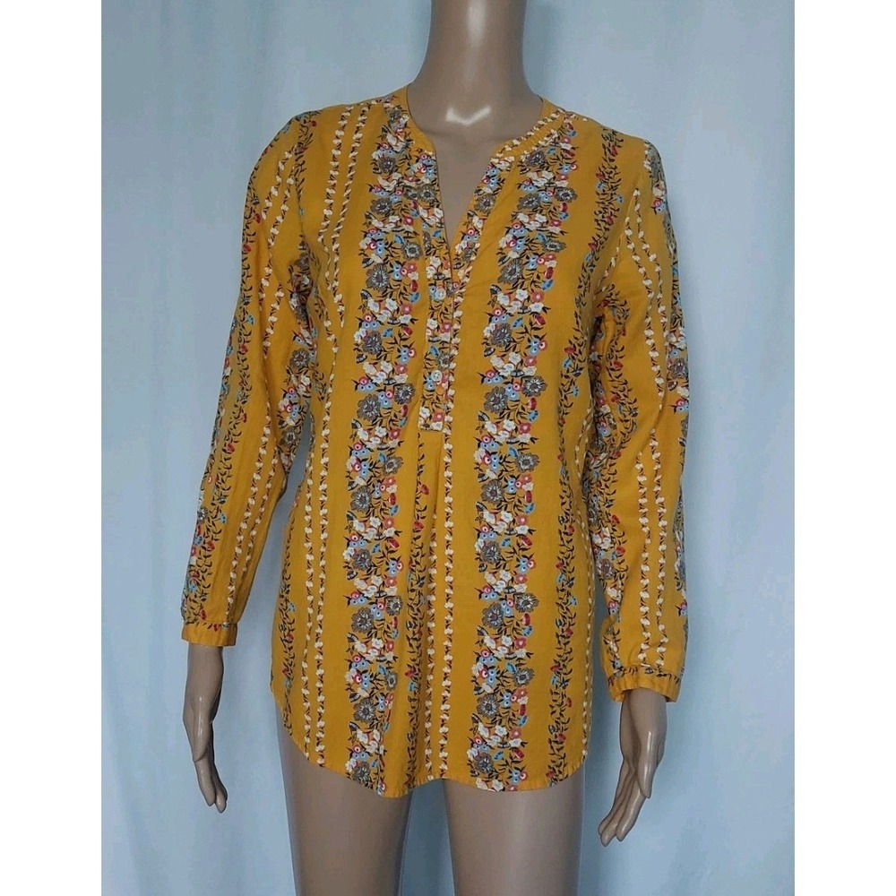 Old Navy Womens Small Yellow Floral Tunic‎ Top Long Sleeve Shirt Blouse V Neck